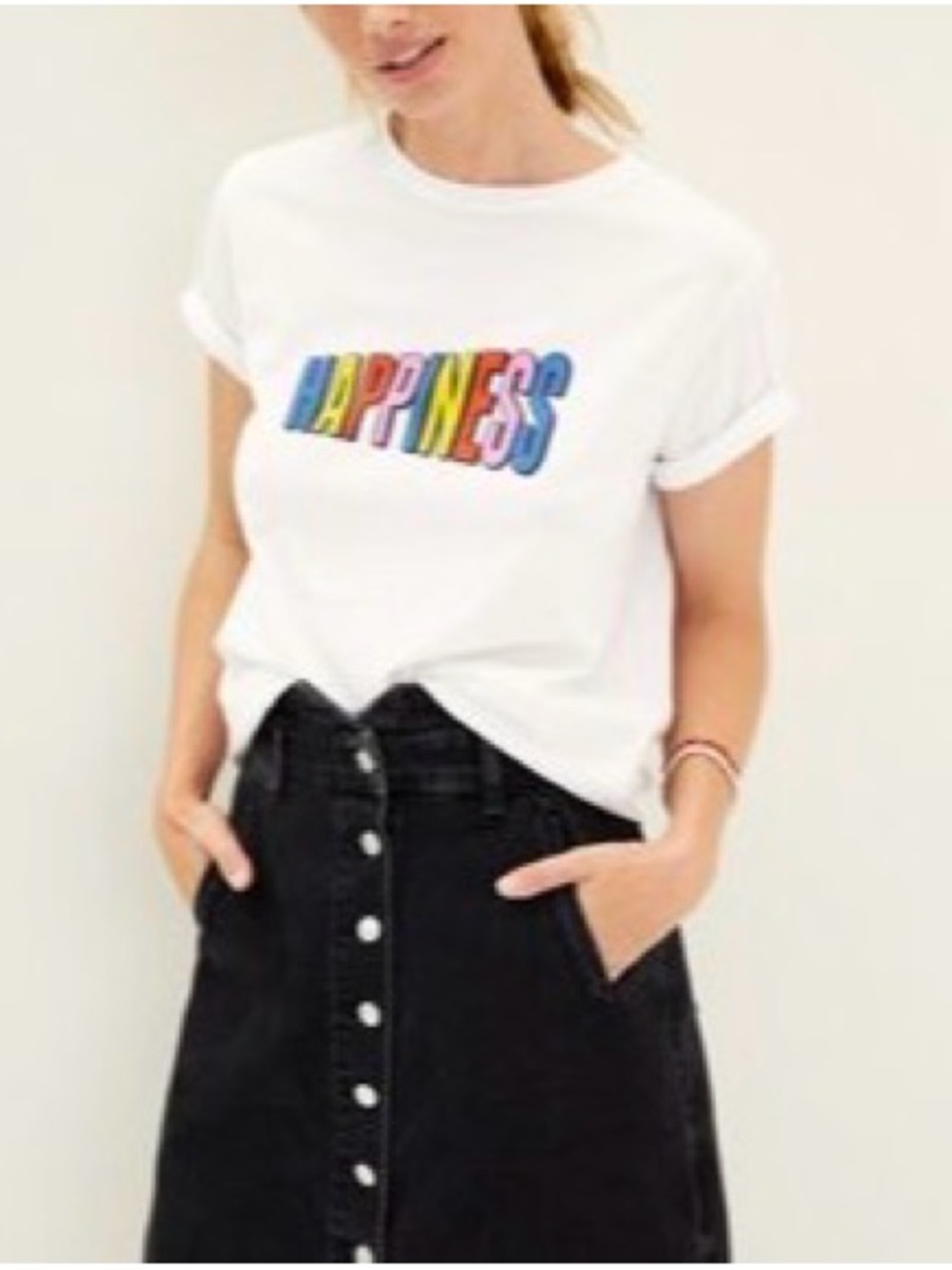 White 'HAPPINESS' Short Sleeve Graphic Tee - Women's Casual Crew
